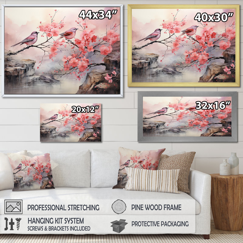 Sakura oiseaux roses sur arbre en fleurs roses - Art mural oiseau, H 12 po x l 20 po x P 1 po, Toile tendue