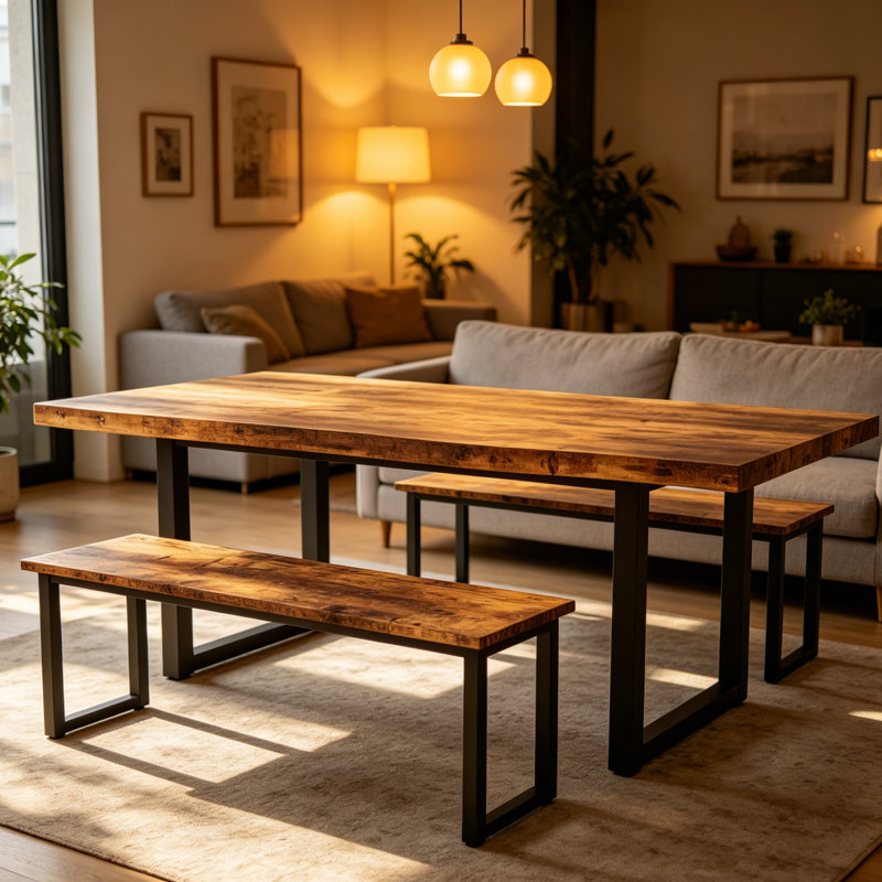 Modern Kitchen Dining Table Set, Mid-century Dining Table Set With Bench  For 4-6 Personal With Soild Legs, Brown
