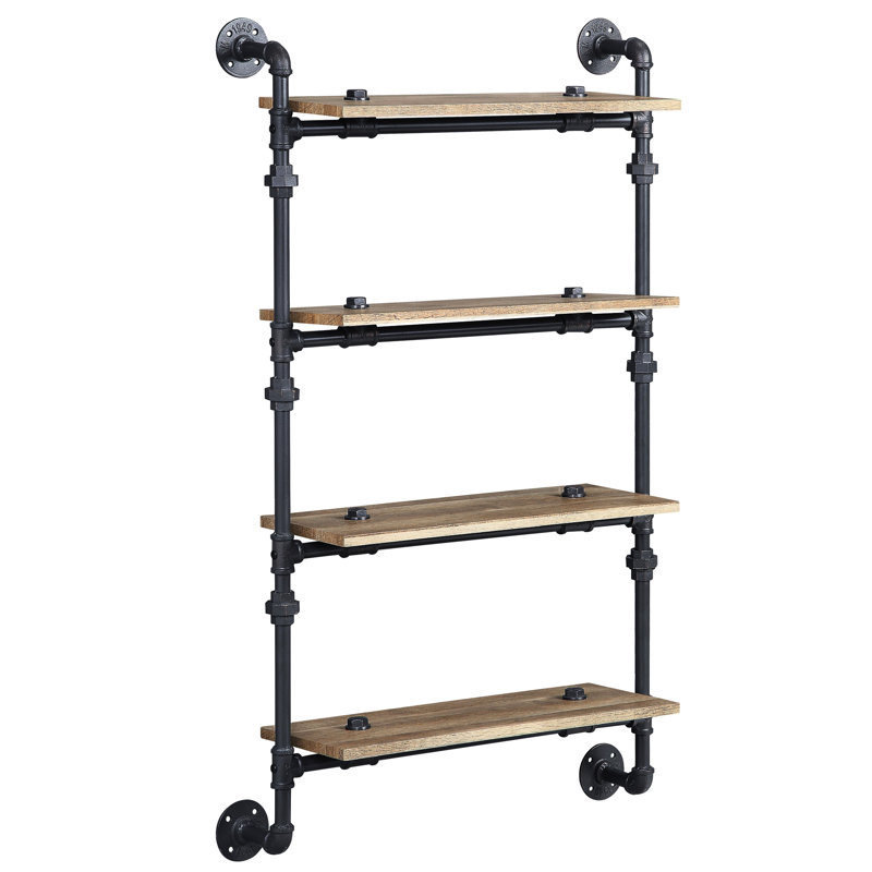 Support mural à 4 niveaux à structure en métal avec conduites d'eau, finition chêne et noir sablé, tablettes en placage de l 23 po x l 9 po, séparation de 12 po, poids de 10 lb par tablette, style, placage, grand espacement