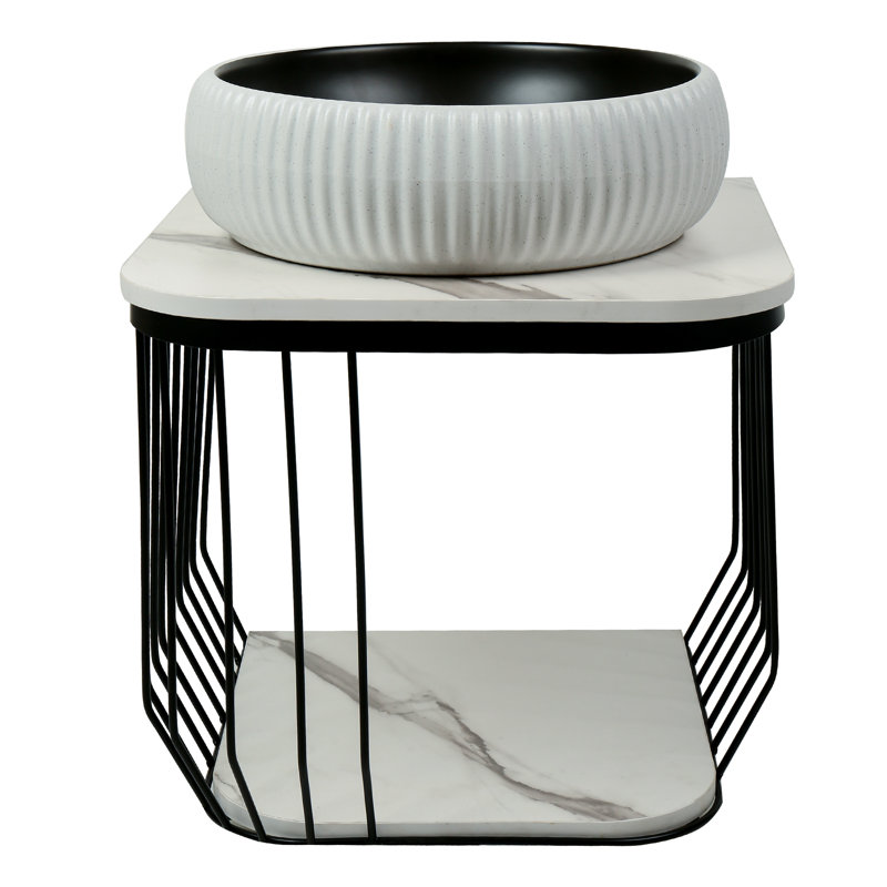  Meuble-lavabo mural moderne Dumbo de 20 po avec structure en métal noir et plateau d'aspect marbre, conception à cadre ouvert compact avec lavabo vasque rond de 16 po