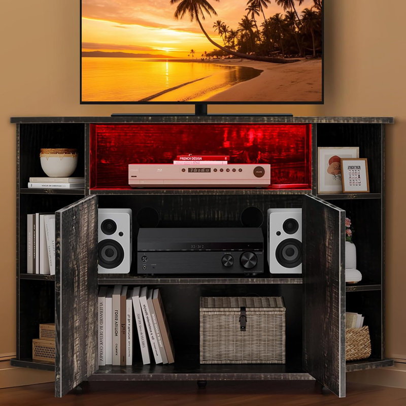 Corner TV Stand, Farmhouse Corner Entertainment Center with Led Light, Open Storage, Adjustable Shelves, TV Cabinets for Living Room, Bedroom