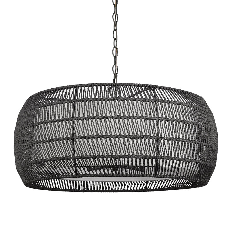 Lustre tambour en acier à intensité variable Chapple, Rotin noir moderne, Six lumières
