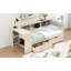 Lit plateforme simple en bois avec tablettes de rangement, tiroirs, station de charge et tête de lit tapissier