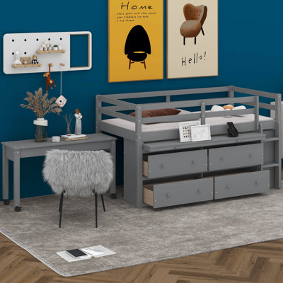 Lit mezzanine avec bureau rétractable Ilakkiya et 4 tiroirs