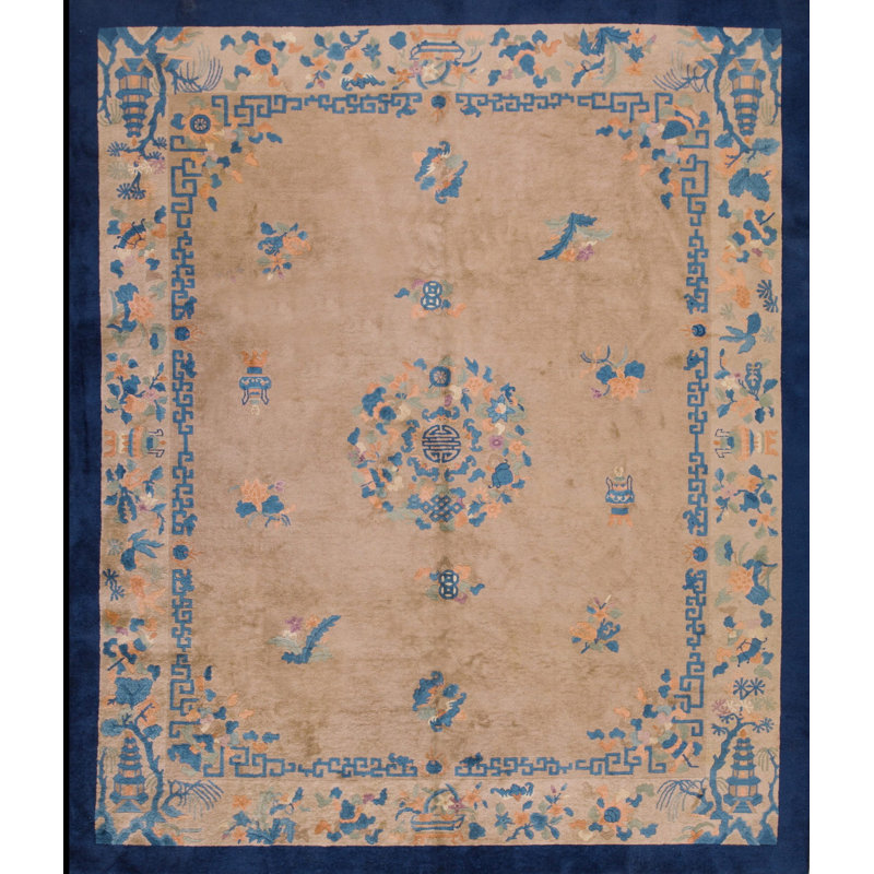 Tapis noué à la main en laine antique antique ivoire beige crème et blanc à motif de médaillon des années 1900