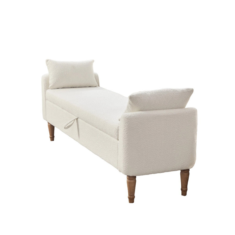 Banc de rangement rembourré 65,94 po avec tissu bouclé et pieds en bois d'hévéa