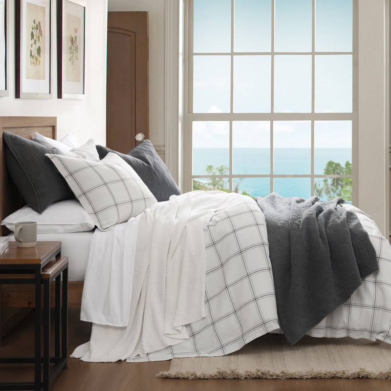 Windowpane Plaid Classic Modern Rustic Cotton Comforter Set, King Comforter + 2 King Shams, Black/White