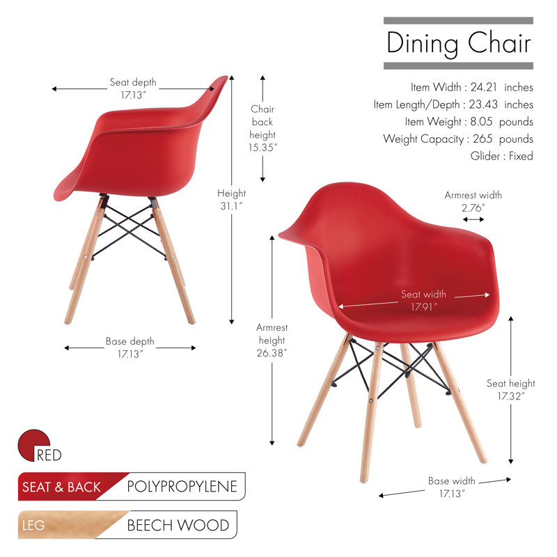 Hermina Plastic Dining Chair with Beechwood Legs, Red, 4