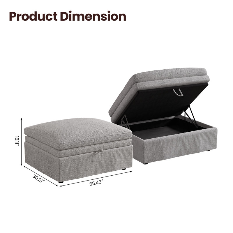 35" Wide Upholstered Seat Cushion Comfy Storage Down Ottoman, Gray