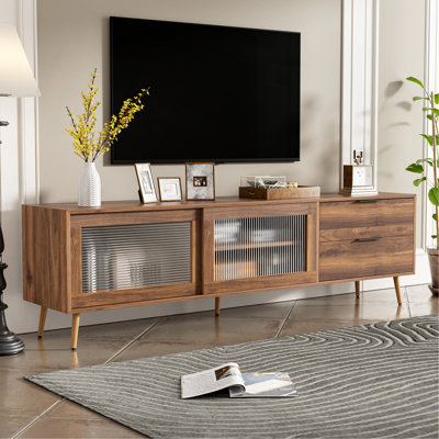 Meuble télé moderne pour téléviseur de 75 po et plus, console de télévision avec 2 portes en verre, centre de divertissement avec 2 tiroirs et armoire de rangement, console multimédia de 70 po pour le salon et la chambre à coucher