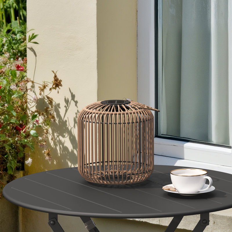 9.45" H All Iron Frame Rattan Lantern With Hemp Rope Handle, Natural