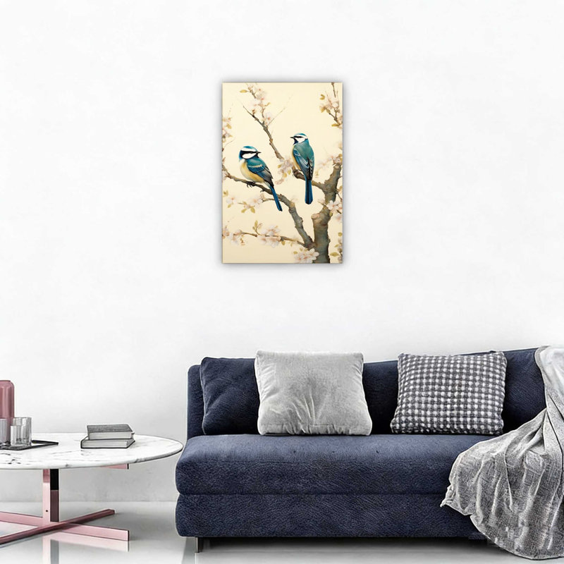 Oiseaux bleus sur des branches avec des fleurs blanches, art sur toile, 12 par 18 pouces