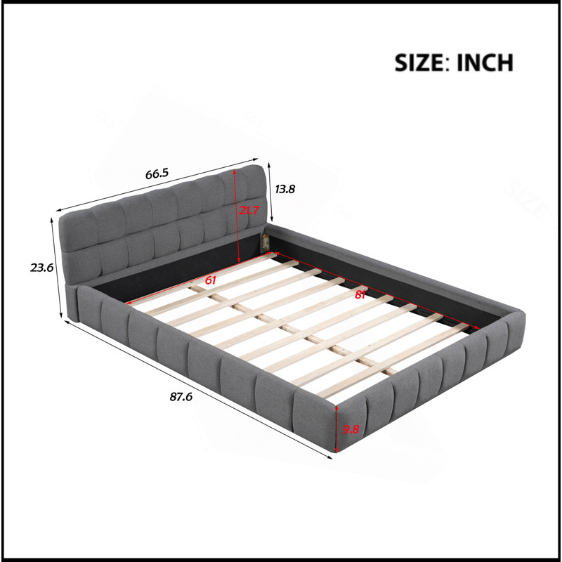 Grand lit plateforme tapissier avec tissu épais, lit au sol avec structure solide, gris