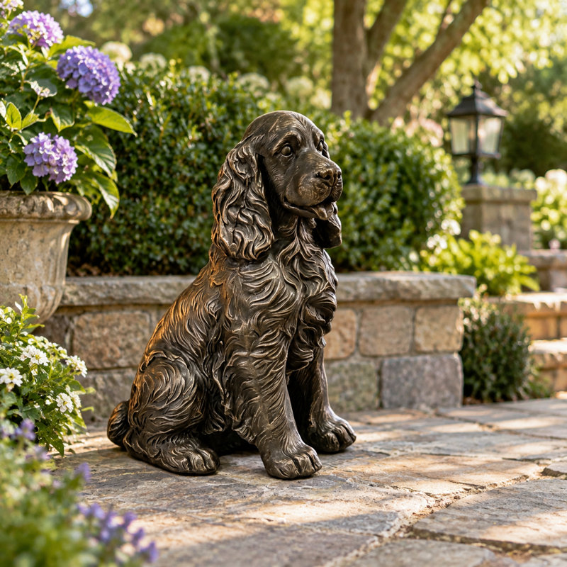 Statue de jardin représentant un cocker spaniel assis, sculpture en résine d'extérieur