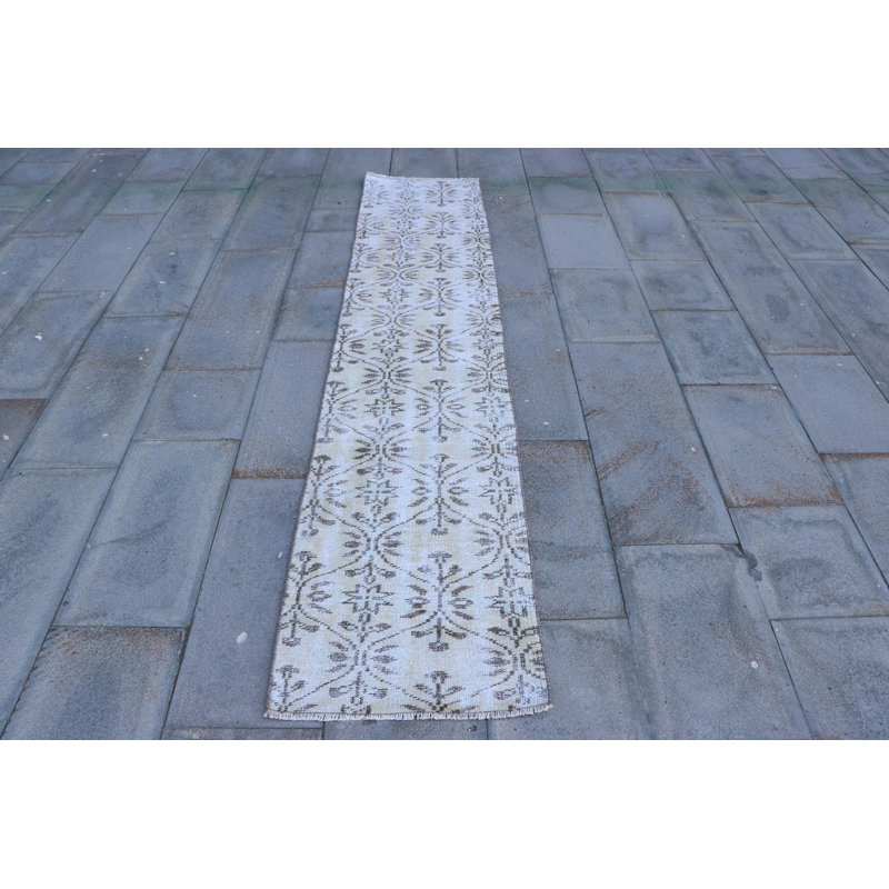 Vintage Turkish Oushak Runner Rug in Beige- Ideal for Hallway, Stairs, and Kitchen Areas