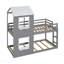 Lit superposé simple au-dessus d'un lit simple en bois avec toit, fenêtre, garde-corps et échelle (blanc)-183282572