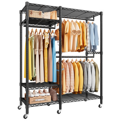 Portant à vêtements avec roulettes, support à vêtements robuste 780 lb, support à vêtements en métal avec tablettes l 45,5 po x P 16,5 po x H 77 po, noir