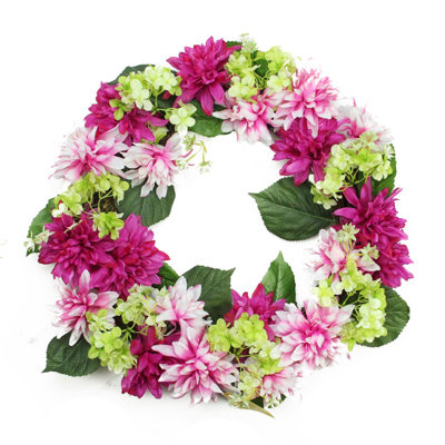 Dahlia and Hydrangea Artificial Floral Wreath 22-Inch
