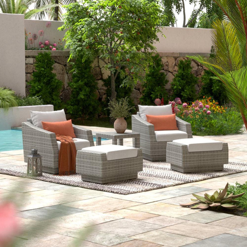 Fionnula 5-Piece Rattan Conversation Set With Sunbrella Cushion Covers, Cast Coral Sunbrella® Plainweave