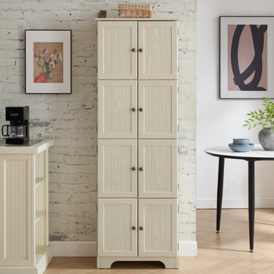 72.4" Tall White Storage Cabinet With 8 Doors & 4 Shelves For Pantry