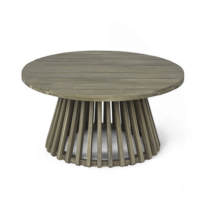 Round Outdoor Acacia Wood Coffee Table With Sturdy Slatted Base For Patio, Lawn, And Balcony Use.
