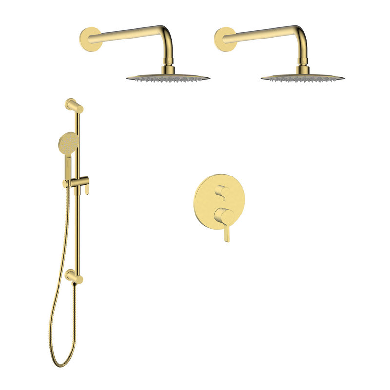 Ensemble de douche Valeska-Gd avec deux pommes de douche à effet pluie et une douchette sur rail, avec coude de connecteur intégré