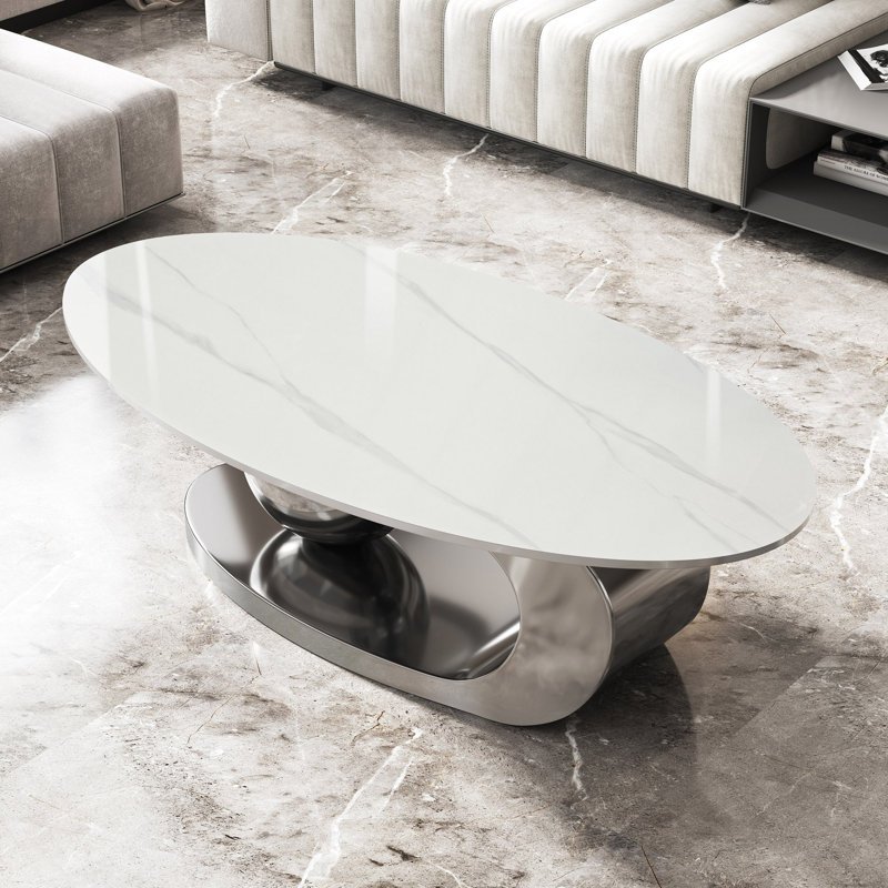 Table basse 49,2 pouces ovale en faux marbre pour salon avec base en acier inoxydable, Gris, blanc