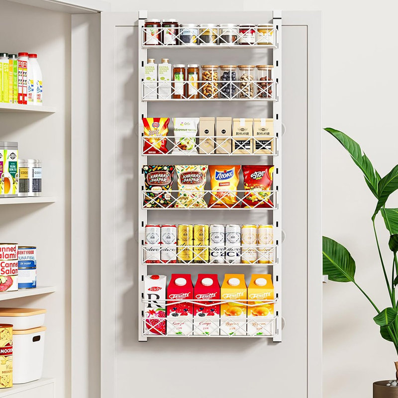 Au-dessus de la porte - Blanc - Organisateur de porte de garde-manger à 6 niveaux avec paniers réglables, support à épices suspendu, tablettes pour l'organisation et le rangement de la salle de lavage