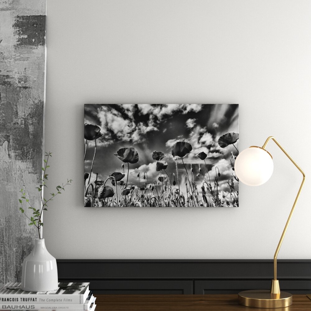 Leinwandbild Wundervolle Wiese mit roten Blumen in Monochrom