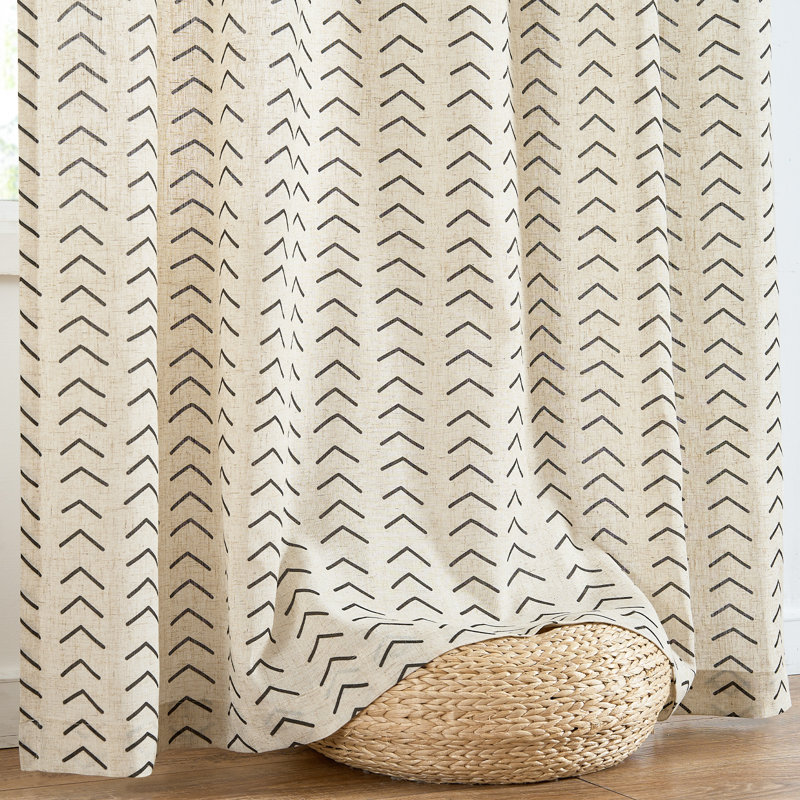 Printed Linen Farmhouse Boho Rod Pocket Curtains, 50" W x 96" L, Black