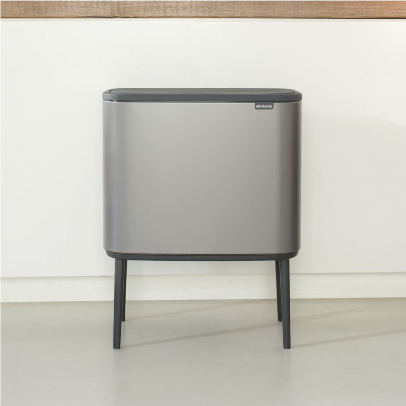 Brabantia Bo Touch Top Dual Compartment Recycling Trash Can, 3 + 6 Gallon (9 Gallon Capacity), Platinum