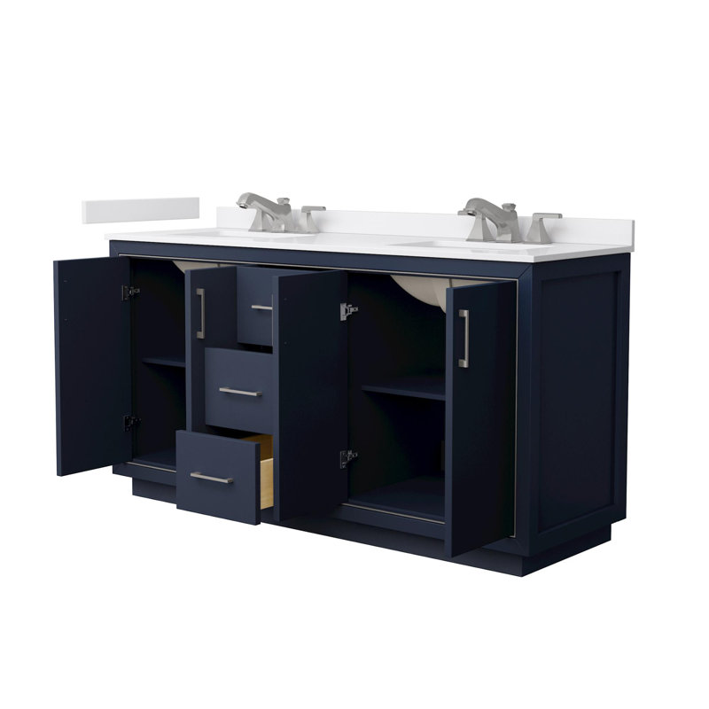Icon 66" Freestanding Double Bathroom Vanity with Cultured Marble Top, Brushed Nickel, Blue