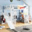 Lit mezzanine en métal blanc Space Room avec bureau, garde-robe, cerceau, glissade et escalier
