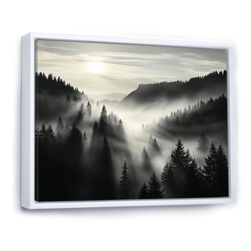 «Mysterious Misty Mountain Morning - Minimalisme», reproduction d'art sur toile, Cadre flottant blanc