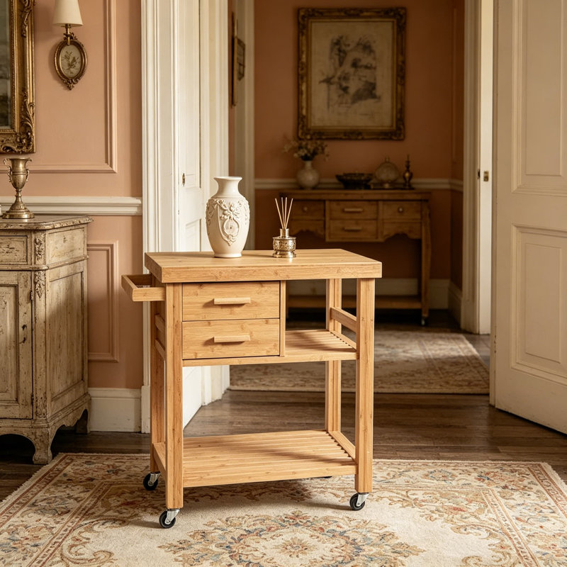 Îlot de cuisine en bambou sur roulettes avec 2 tiroirs et porte-serviettes, chariot de cuisine roulant avec roulettes verrouillables, chariot de rangement mobile pour petite cuisine, salle à manger, salon, naturel