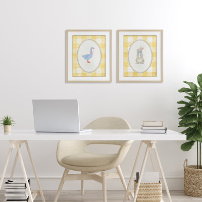 Goose & Bunny Yellow Gingham, ensemble de 2 reproductions encadrées sous verre