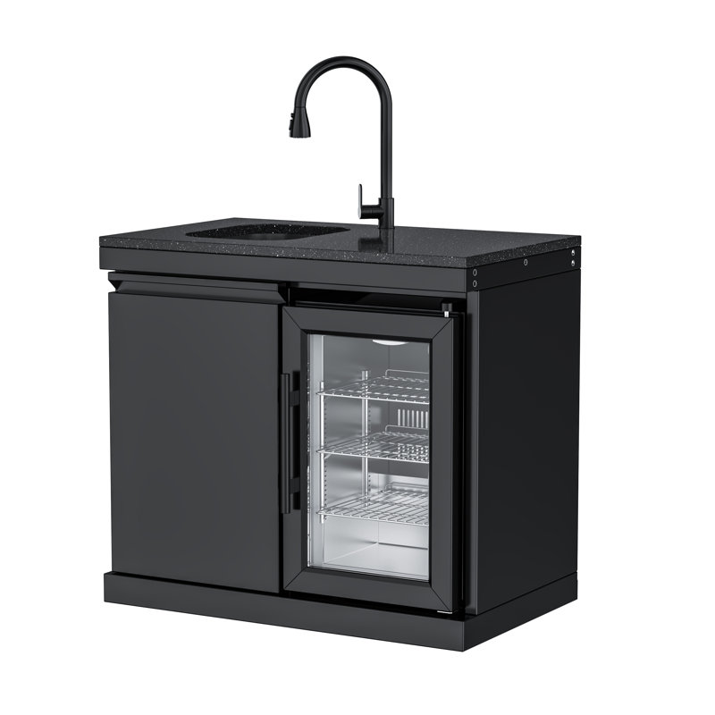 SERA Black Stainless Steel Outdoor Refrigerator Combination Cabinet with Black Granite Countertop, Sink, Wheels, 2.4 Cu. Ft. Capacity