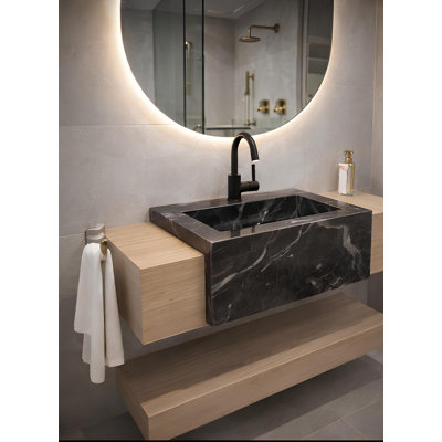 Custom Handmade Marble Vanity Sink - Modern Wall Mounted Solid Wood Shelf