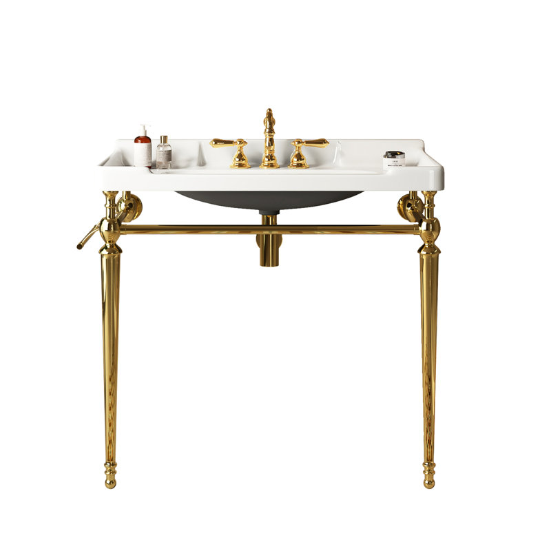 36" Ceramic Bathroom Sink, White Vanity Basin With 3 Pre-Drilled Holes, Tough Stainless Steel Legs And Towel Bar, Gold Nuance Console Faucet Strong & Rail, Golden Look Here