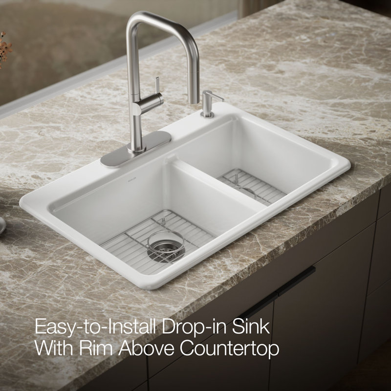 Riverby 33 In. Top-Mount Double-Bowl Kitchen Sink, 4 hole, White, Large/medium bowls