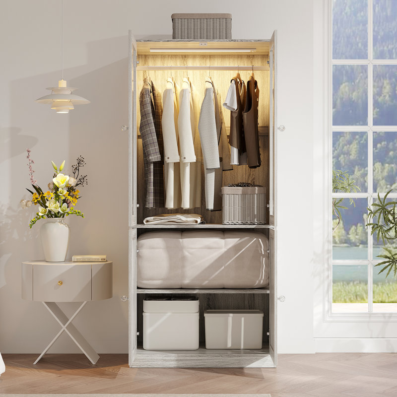 Armoire penderie 74,8 po à 2 portes en verre, garde-robe avec éclairage à DEL intelligent, barre de suspension et 2 tablettes de rangement