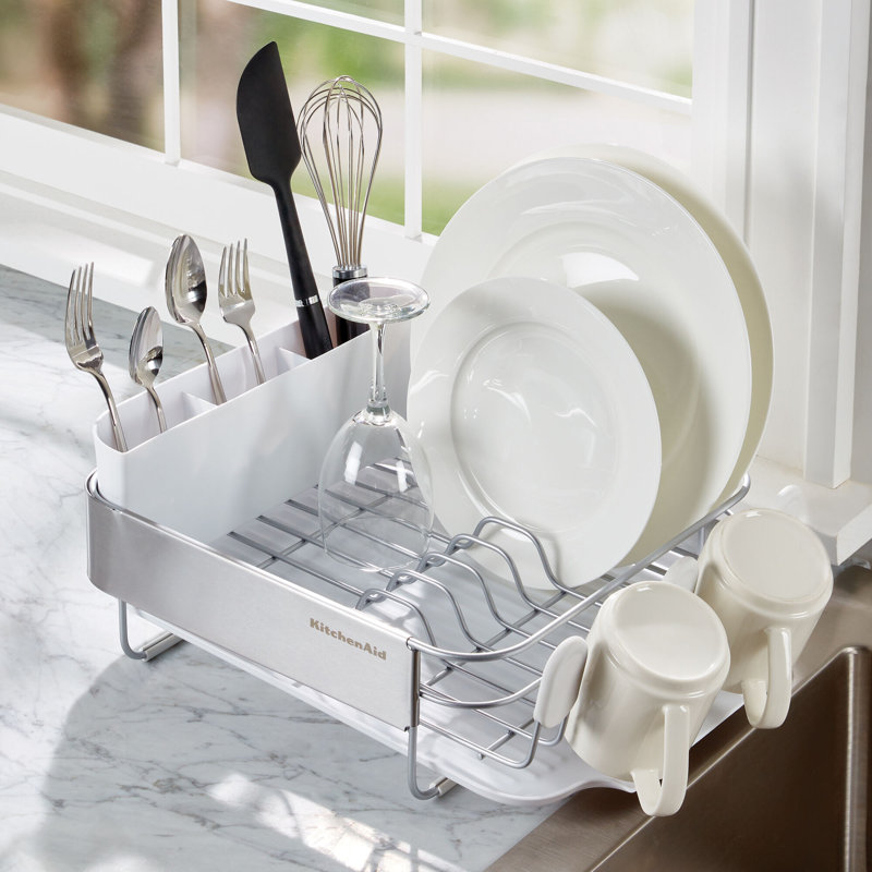 Compact White and Stainless Steel Dish Rack with Drainboard