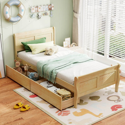 Twin Size Bed Frame With 2 Storage Drawers Wood Platform Bed With Headboard