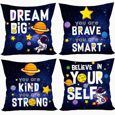Galactic Adventure Pillow Covers - Set of 4, Navy Blue Space Dream Big Decor for Nursery Kids Bedroom Playroom Clroom - Planet Astronaut Theme
