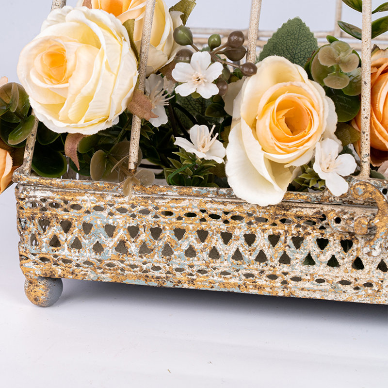  Cage à oiseaux décorative rétro avec accents de fleurs et anneau supérieur, cage à oiseaux, décoration élégante pour toute pièce