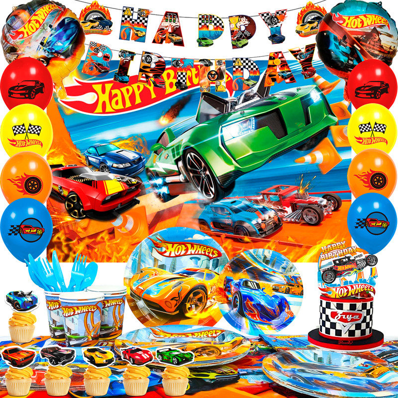 Ensemble de décorations de fête d'anniversaire Hot Wheels, 114 pièces de fournitures de fête et de vaisselle Hot Wheels pour enfants