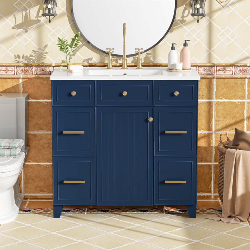 36 Inch Bathroom Vanity, Soft Close Doors, Adjustable Shelves, And Hairdryer Storage Drawer, Navy Blue