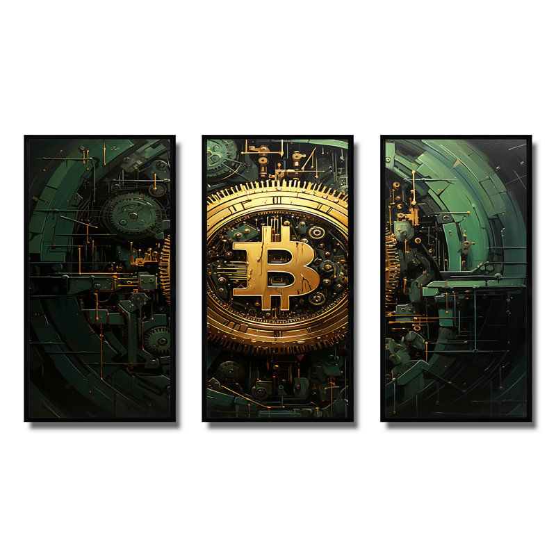 «Gold Impressionistic Crypto Bitcoin», art mural mode, H 28 po x l 36 po x P 1 po, Cadre flottant noir