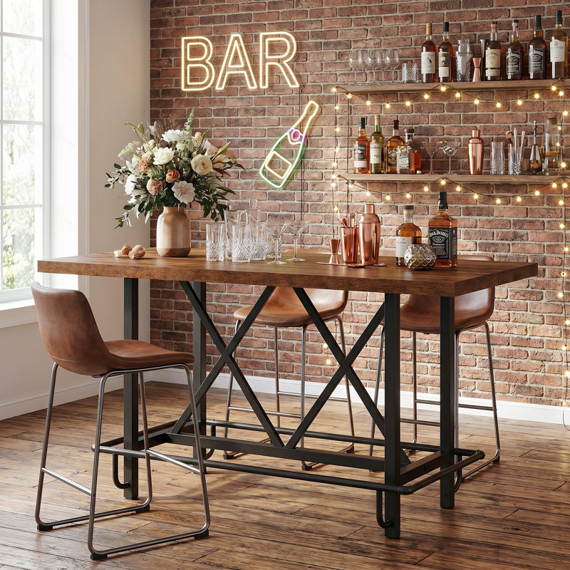 Counter Height Bar Table, 62.99" Long Pub Bar Table With Metal Footrest For Dining Kitchen Breakfast, Brown