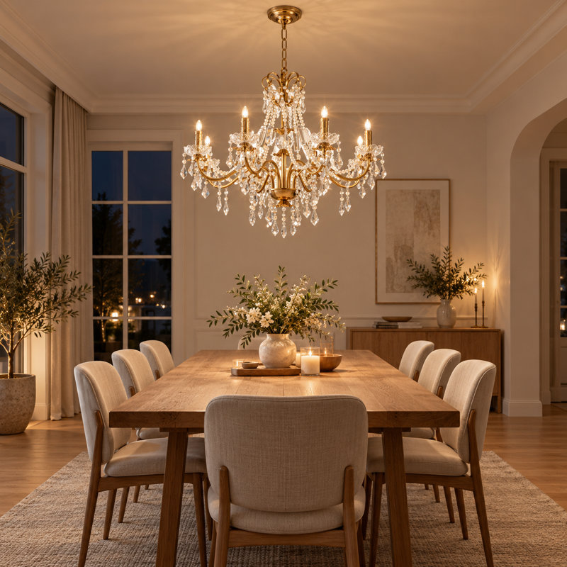 Lustre à bougie rétro 8 lumières à intensité variable avec accents en cristal Jonetta